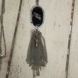 Vintage Inspired Long Oval Necklace w/ Black Insert and Silver Tone Chain Tassel